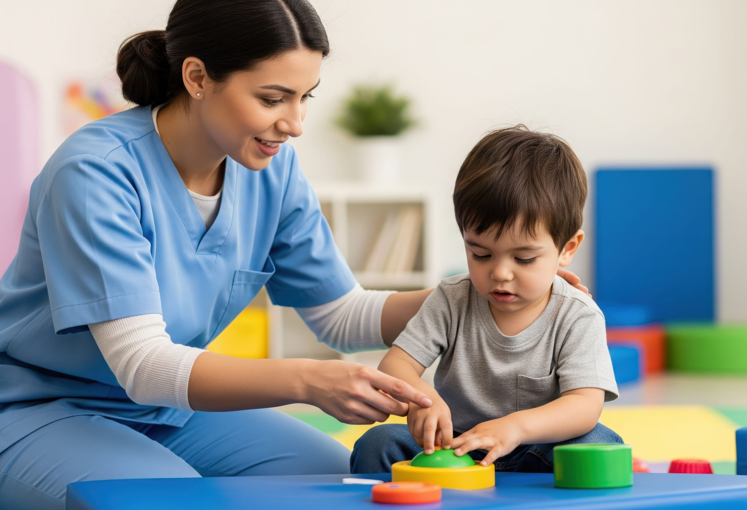 A pediatric occupational therapist works with a child during a developmental exercise session. The therapist is guiding and supporting the child who is focused on the activity. This highlights the importance of early childhood interventions and therapy.
